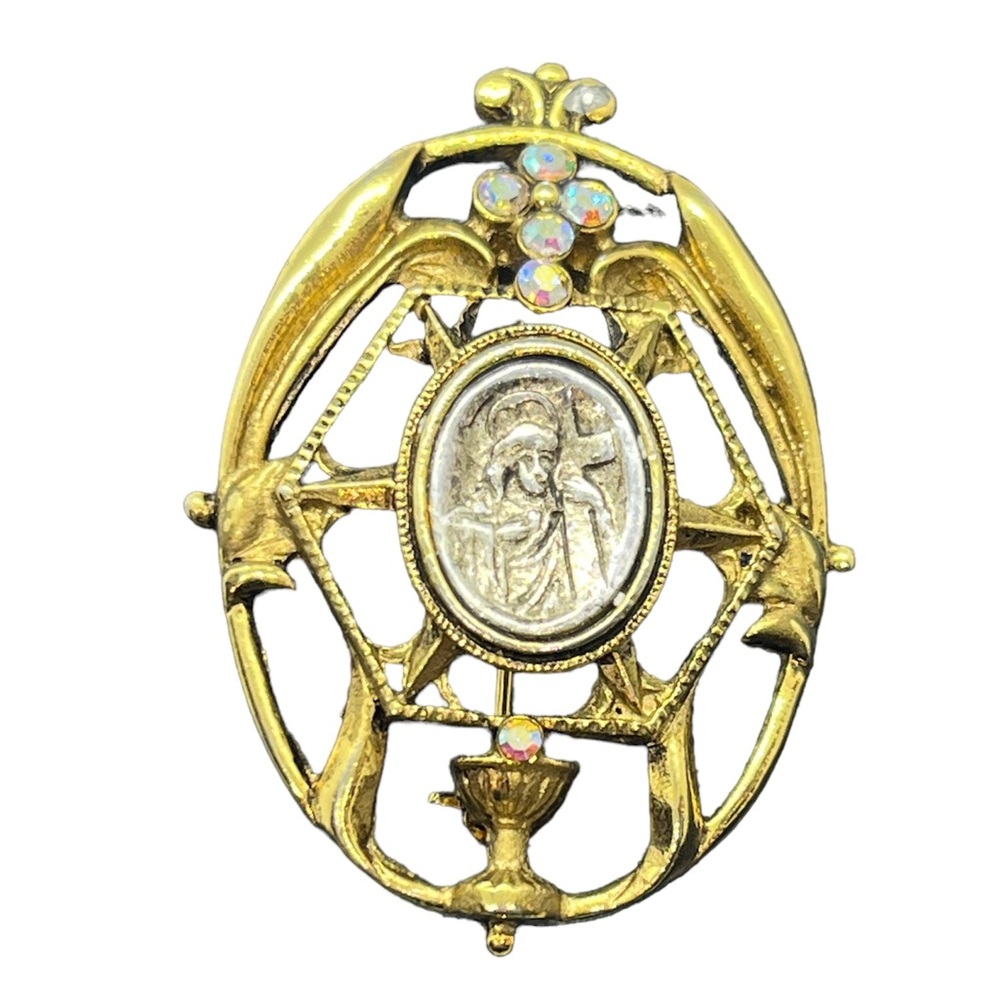 Vatican Library Collection religious Jesus Cross gold tone brooch pin rhinestone